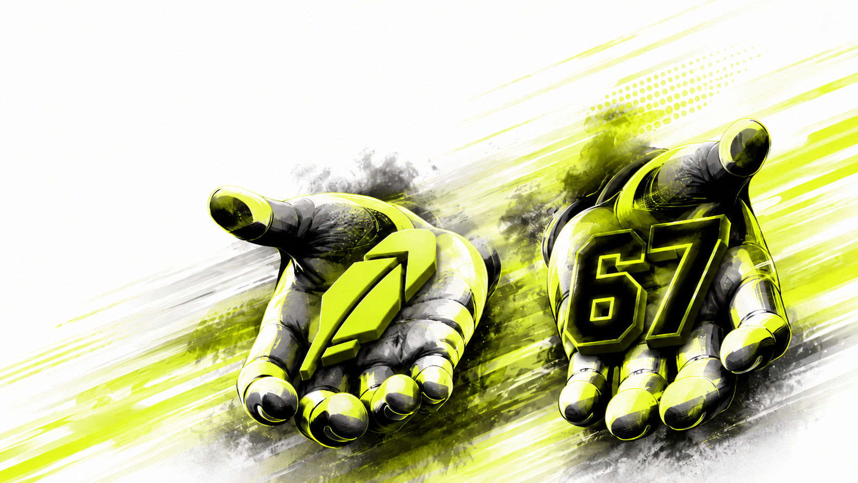 Two racing-gloved hands presenting the Robinhood feather and number 67